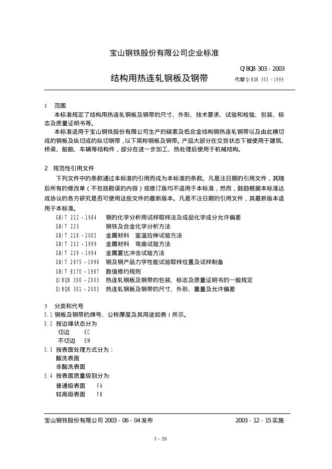 Q/BQB 303-2003 结构用热连轧钢板及钢带