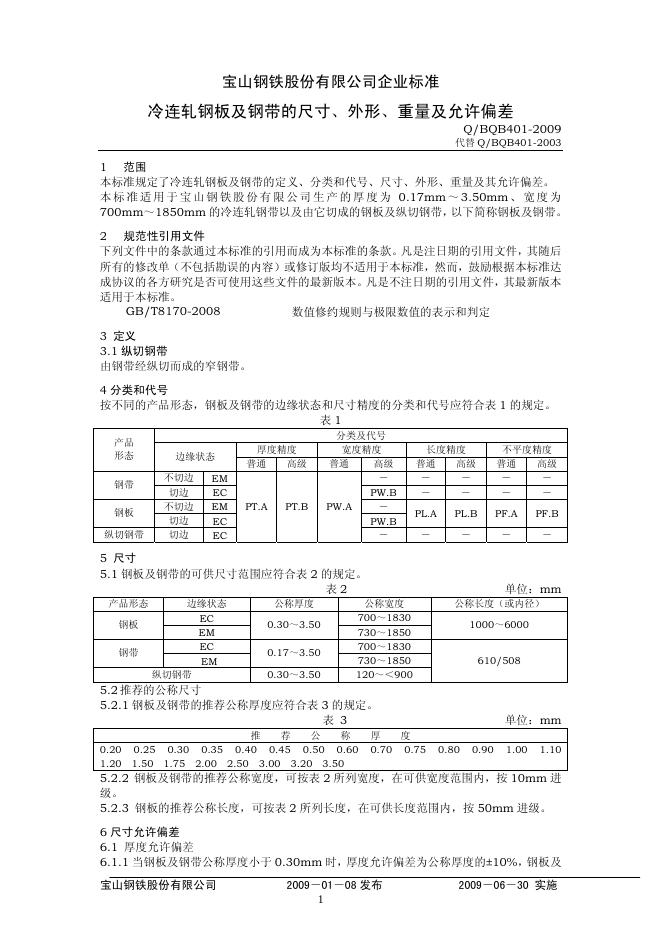 Q/BQB 401-2009 冷连轧钢板及钢带的尺寸、外形、重量及允许偏差