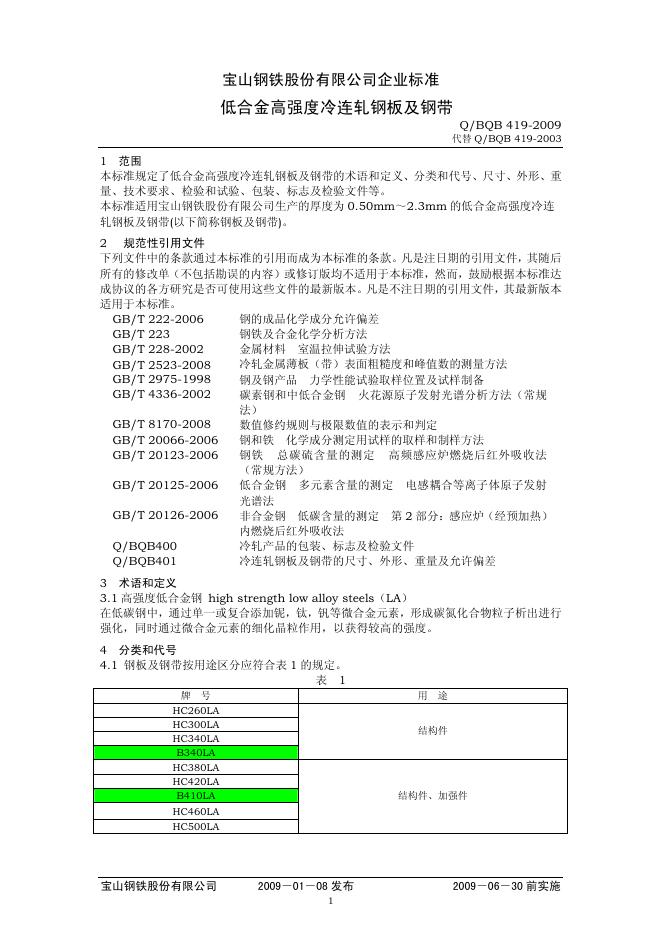 Q/BQB 419-2009 低合金高强度冷连轧钢板及钢带