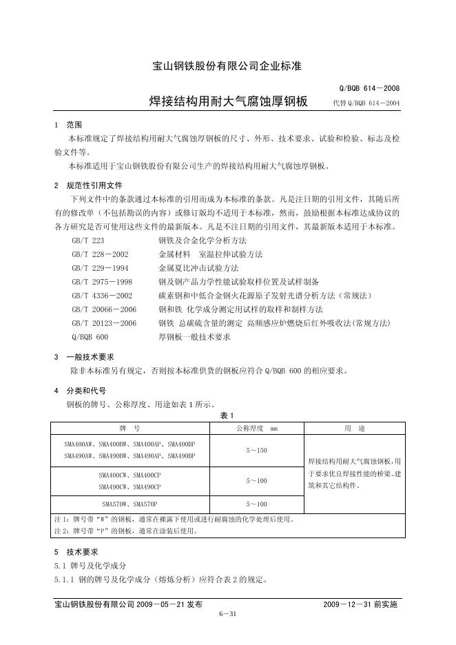 Q/BQB 614-2009 焊接结构用耐大气腐蚀厚钢板