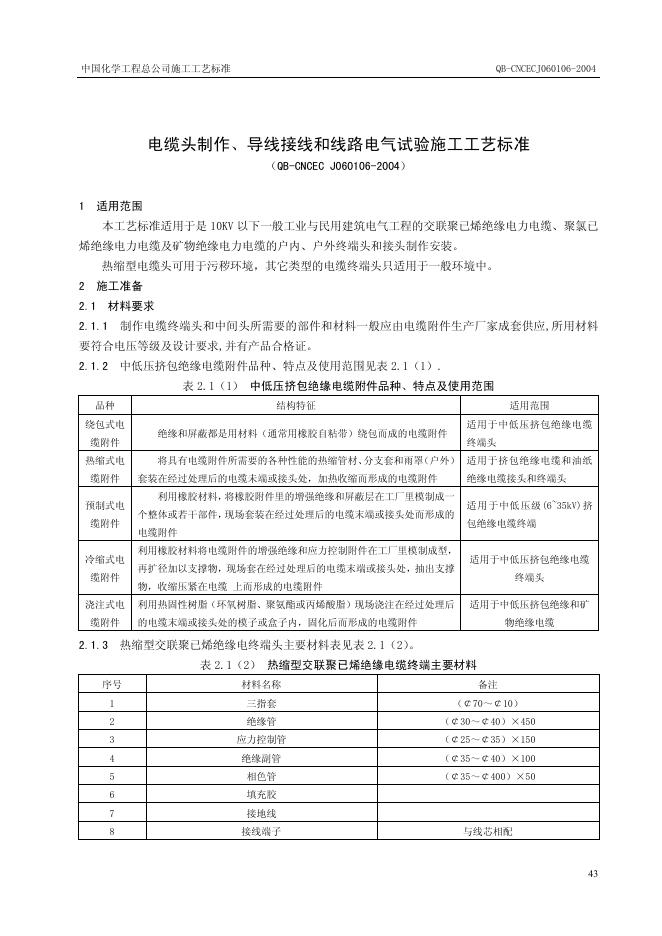 QB-CNCEC J060106-2004 电缆头制作、导线接线和线路电气试验施工工艺标准