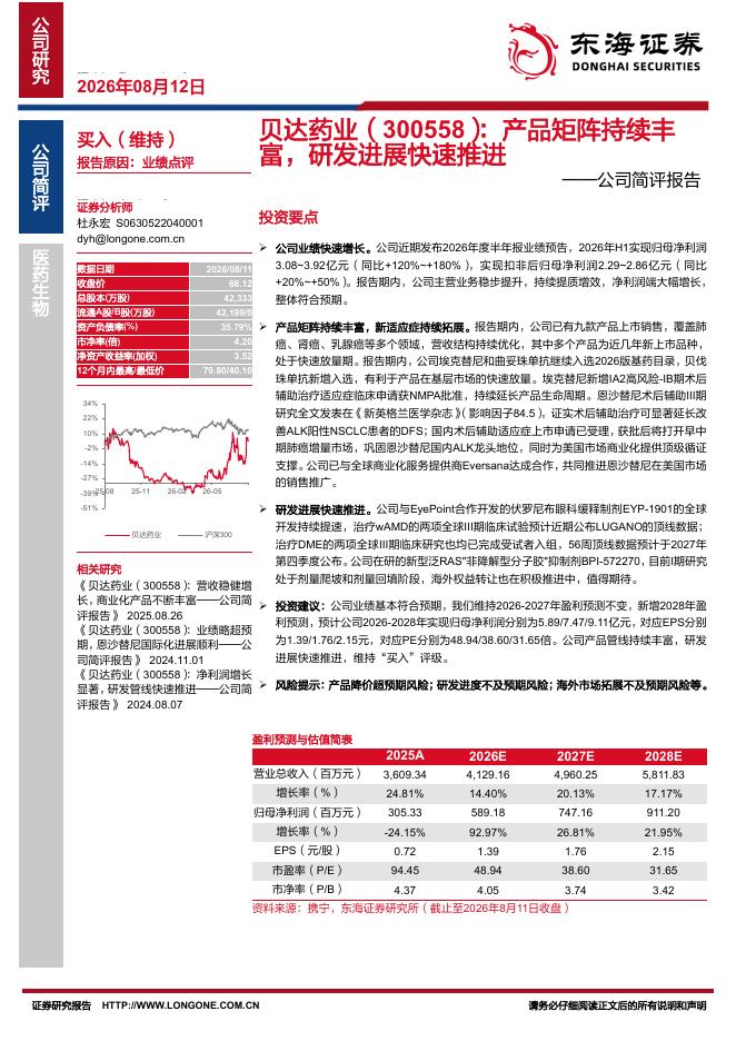 东海证券：贝达药业（300558）-公司简评报告：产品矩阵持续丰富，研发进展快速推进海报
