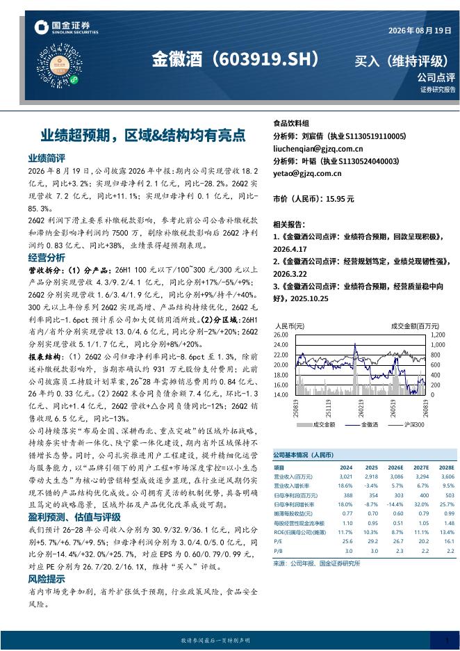 国金证券：金徽酒（603919）-业绩超预期，区域&结构均有亮点海报