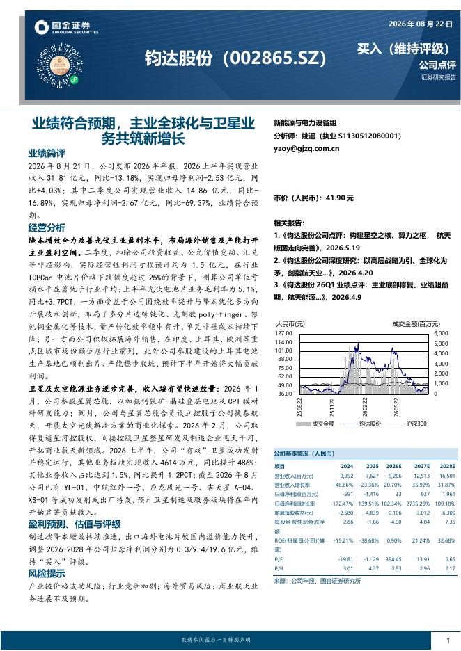 国金证券：钧达股份（002865）-业绩符合预期，主业全球化与卫星业务共筑新增长海报