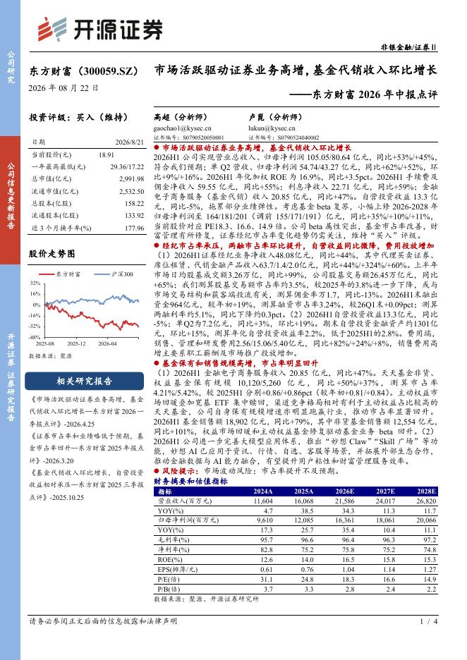 开源证券：东方财富（300059）-2026年中报点评：市场活跃驱动证券业务高增，基金代销收入环比增长海报