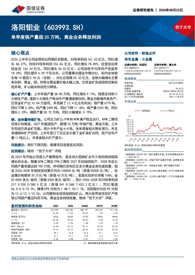 国信证券：洛阳钼业（603993）-单季度铜产量超20万吨，黄金业务释放利润海报