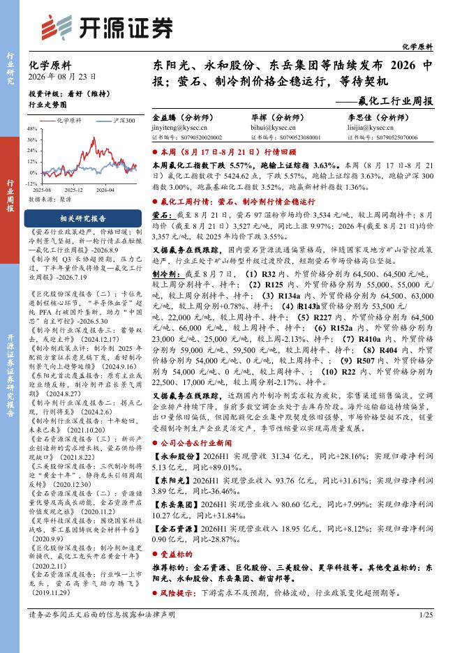 开源证券：氟化工行业周报：东阳光、永和股份、东岳集团等陆续发布2026中报；萤石、制冷剂价格企稳运行，等待契机海报