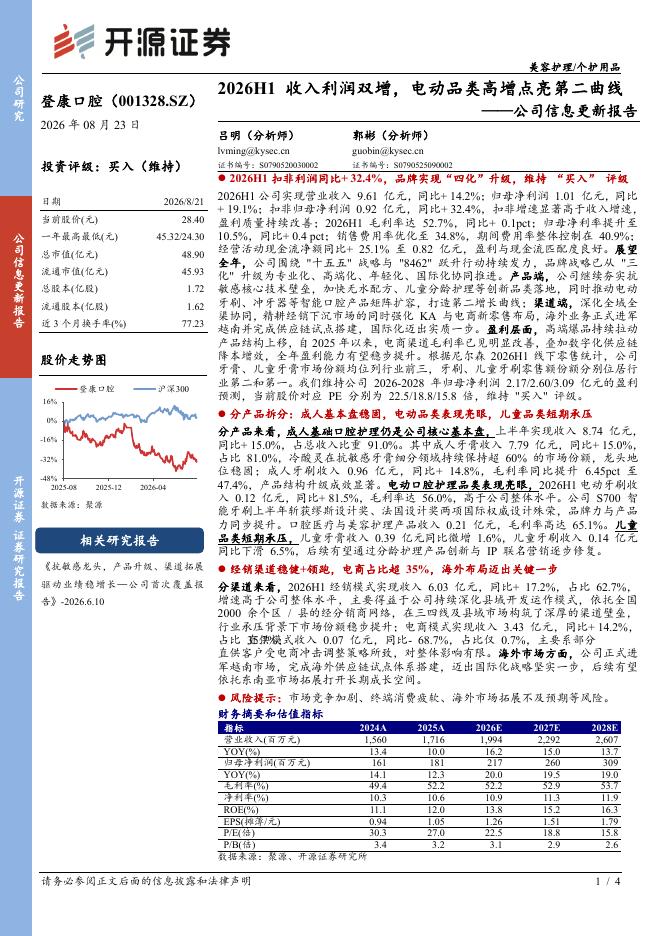 开源证券：登康口腔（001328）-公司信息更新报告：2026H1收入利润双增，电动品类高增点亮第二曲线海报