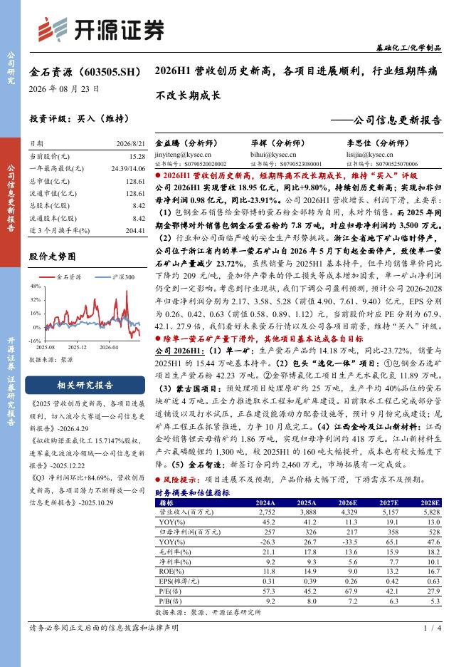 开源证券：金石资源（603505）-公司信息更新报告：2026H1营收创历史新高，各项目进展顺利，行业短期阵痛不改长期成长海报