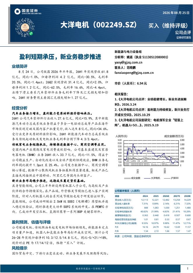 国金证券：大洋电机（002249）-盈利短期承压，新业务稳步推进海报