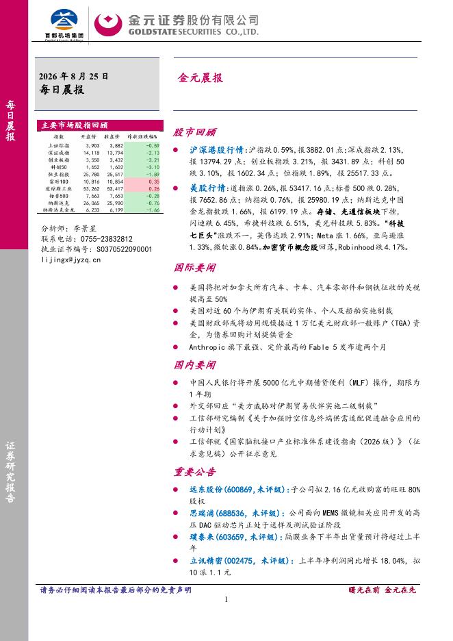 金元证券：金元晨报-260825海报