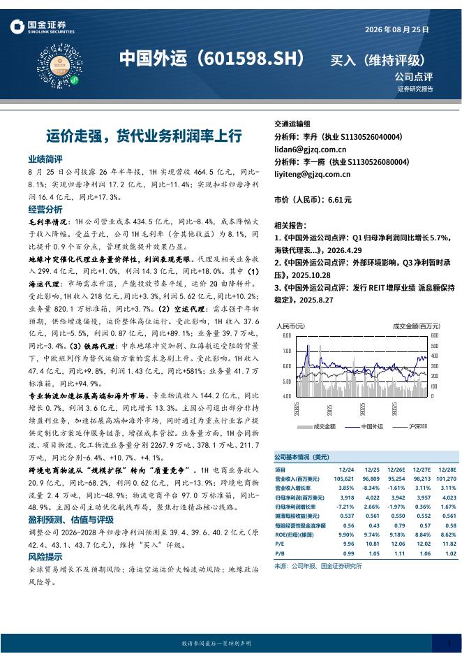 国金证券：中国外运（601598）-运价走强，货代业务利润率上行海报