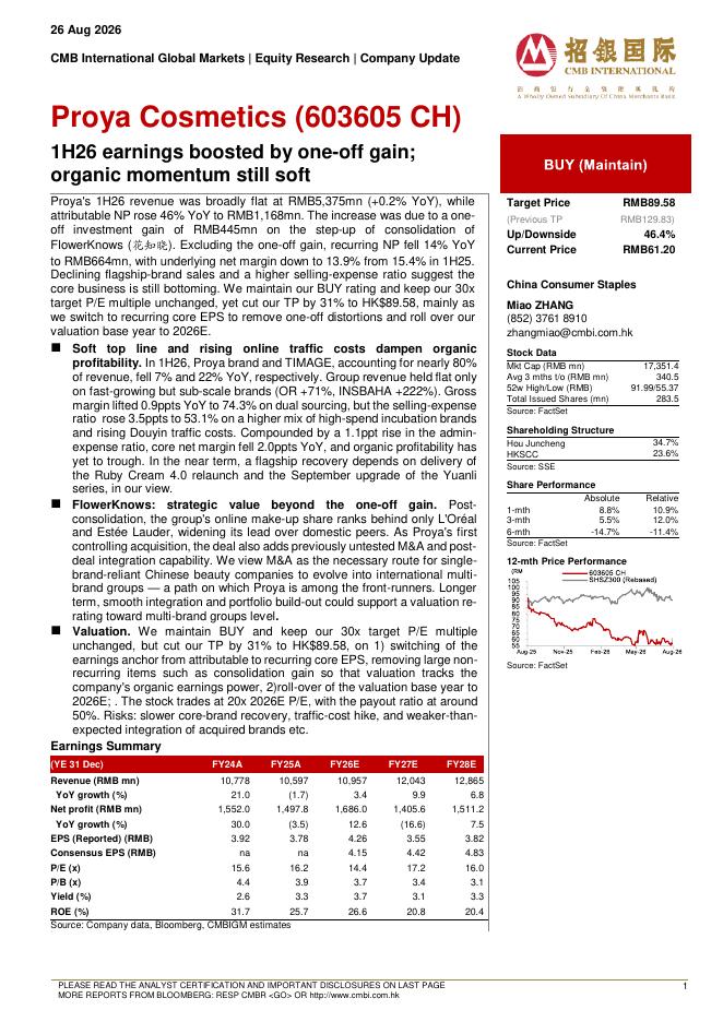 招银国际：珀莱雅（603605）-1H26earningsboostedbyone-offgain;organicmomentumstillsoft海报