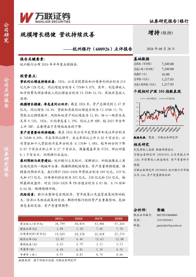 万联证券：杭州银行（600926）-点评报告：规模增长稳健，营收持续改善海报