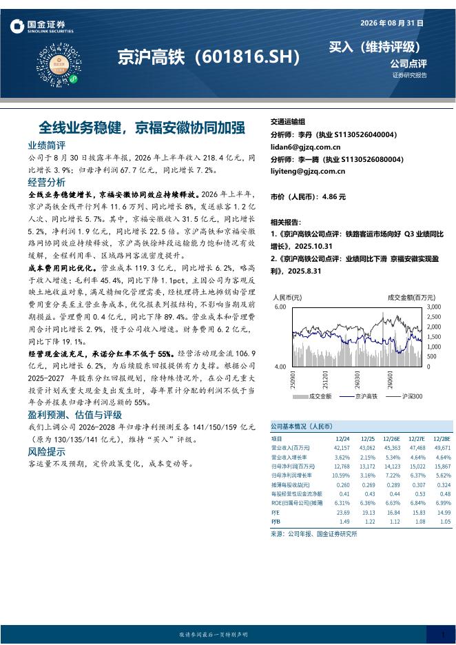 国金证券：京沪高铁（601816）-全线业务稳健，京福安徽协同加强海报