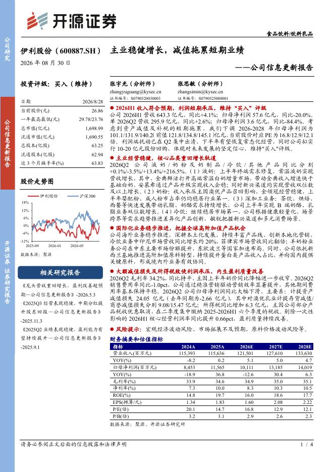 开源证券：伊利股份（600887）-公司信息更新报告：主业稳健增长，减值拖累短期业绩海报
