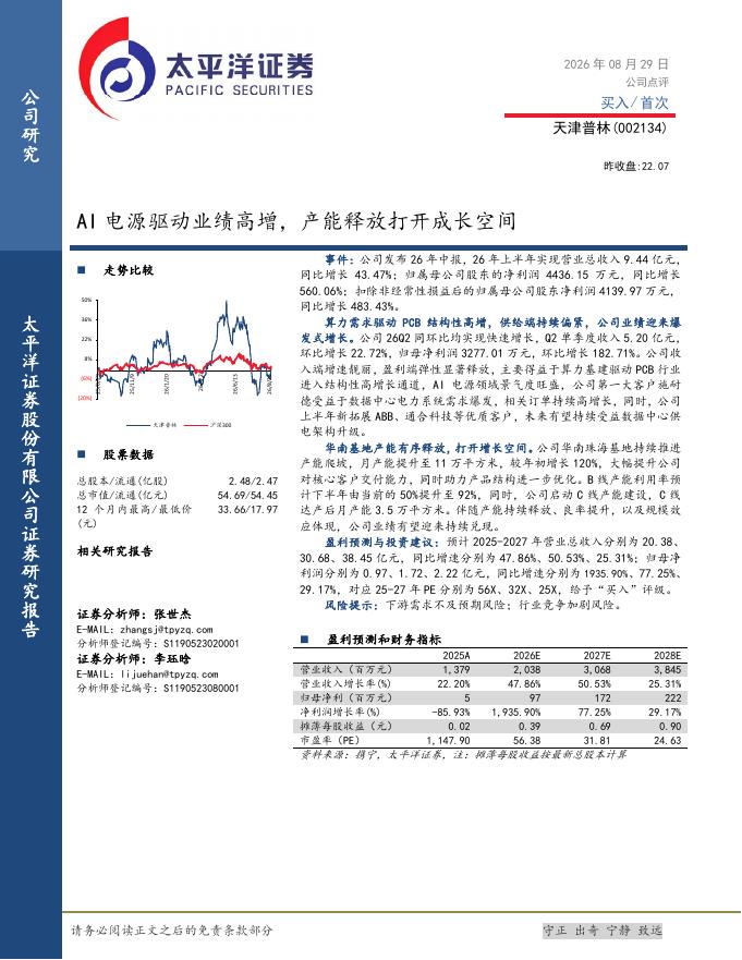 太平洋证券：天津普林（002134）-AI电源驱动业绩高增，产能释放打开成长空间海报