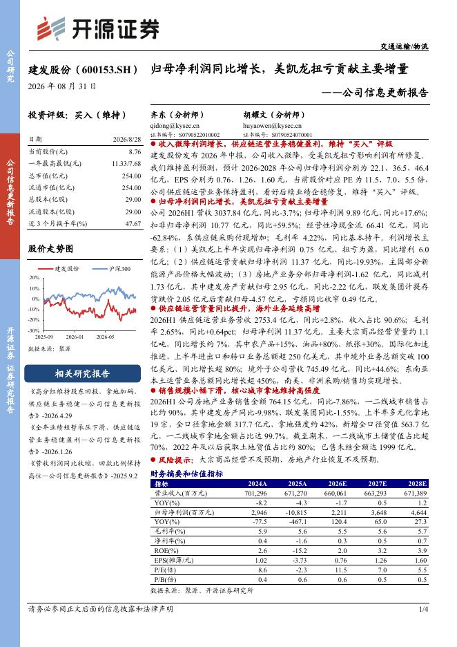 开源证券：建发股份（600153）-公司信息更新报告：归母净利润同比增长，美凯龙扭亏贡献主要增量海报